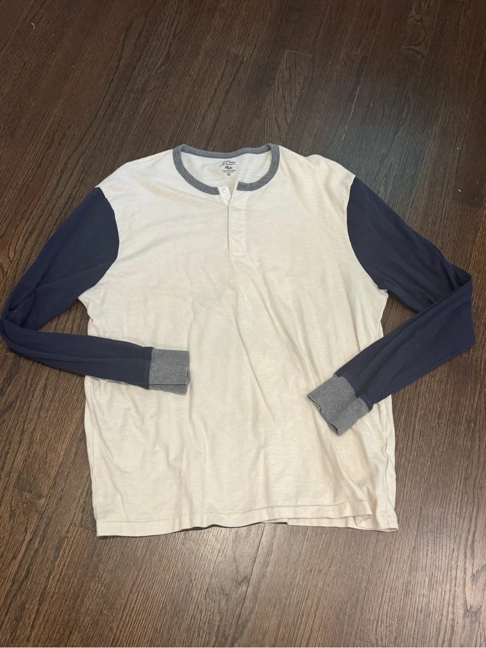 J. Crew Two-Tone Henley Long Sleeve Shirt - Navy Sleeves, Cream Body